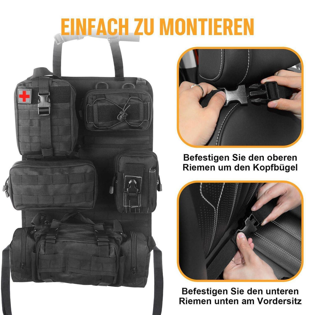 Taktischer Autositz Organizer mit Molle & 5 Fächern Schwarz