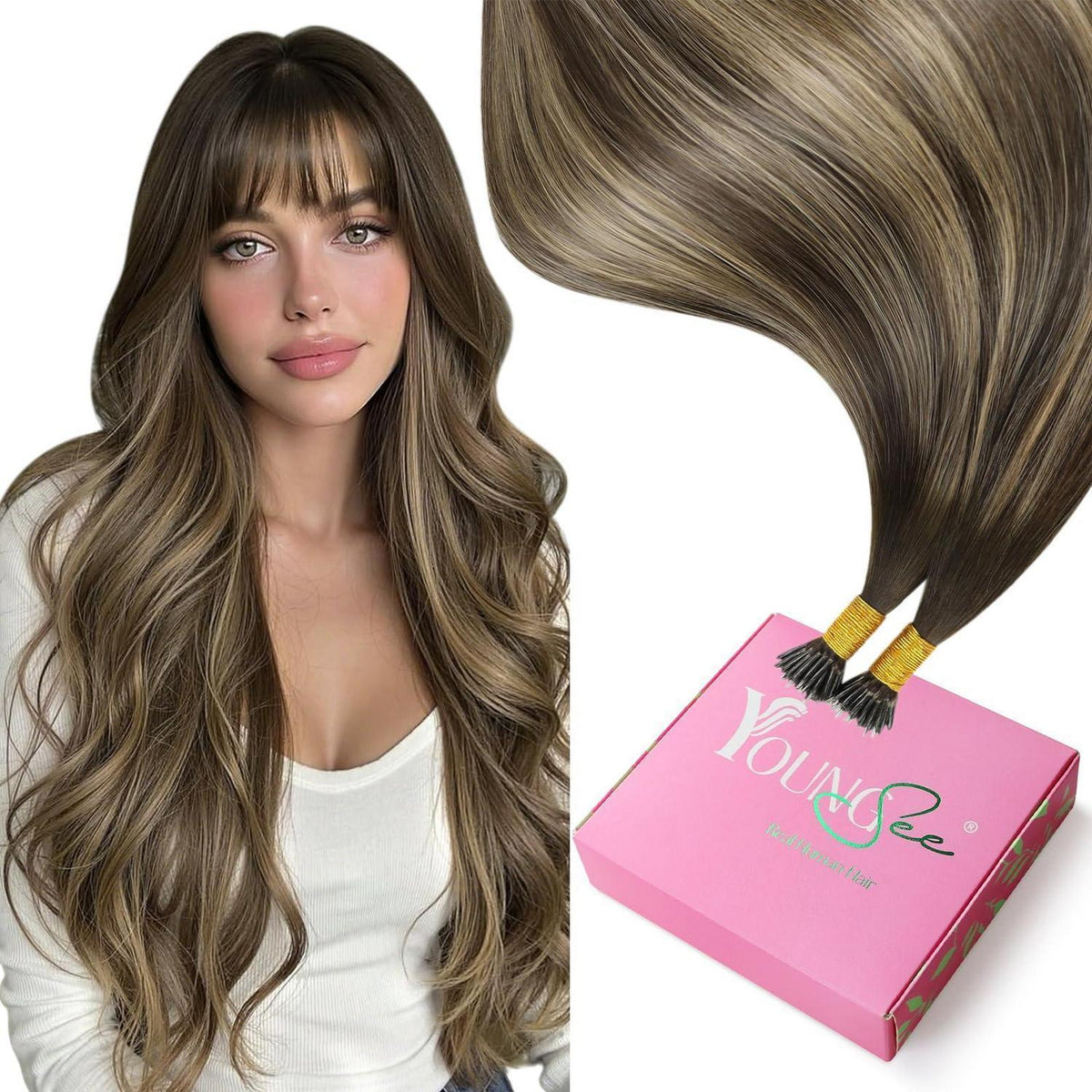 Nano Ring Extensions Braun Ombre Blond Echthaar 50cm