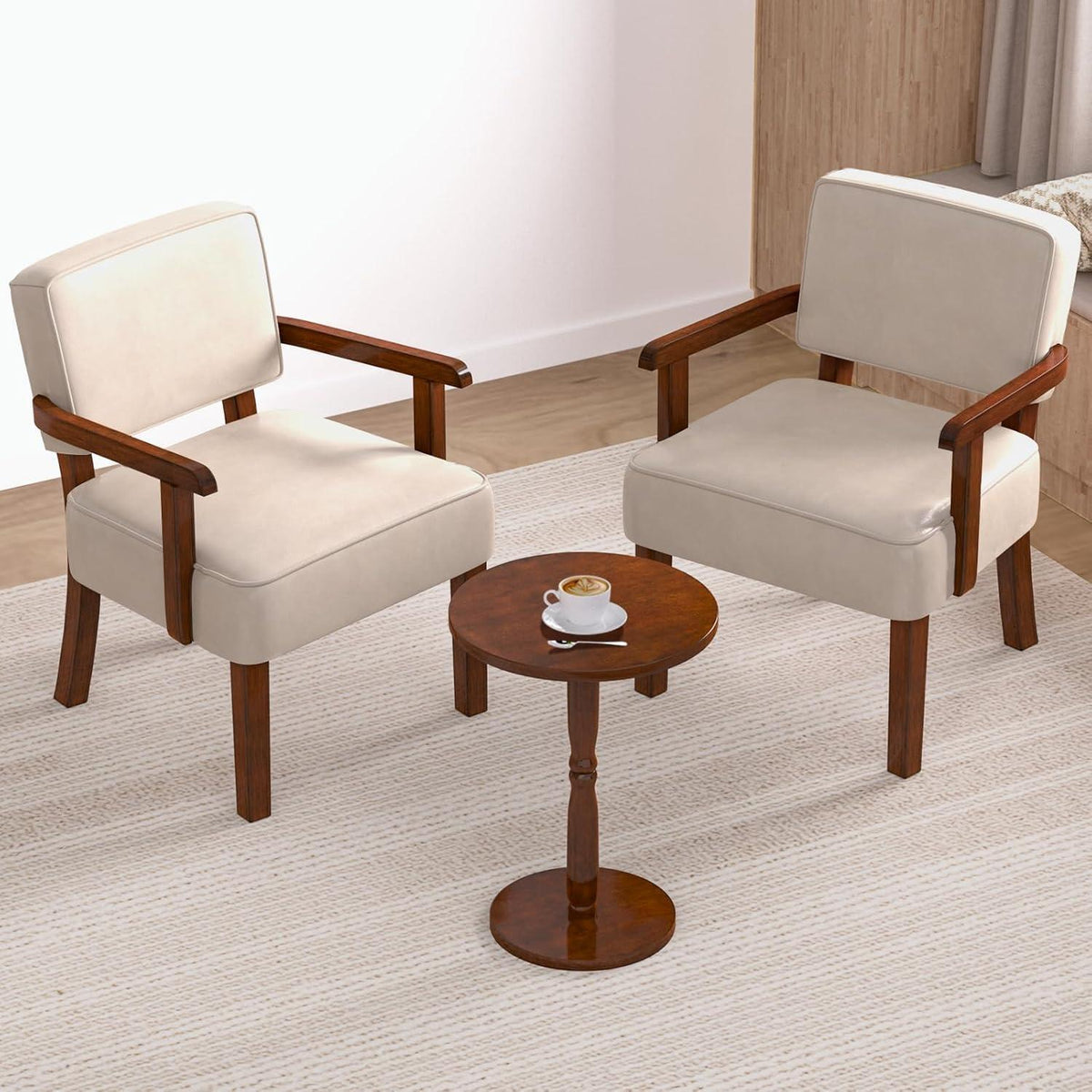 Lounge-Sessel Set (2 Sessel + 1 Tisch) – Beige Relaxstuhl in Lederoptik