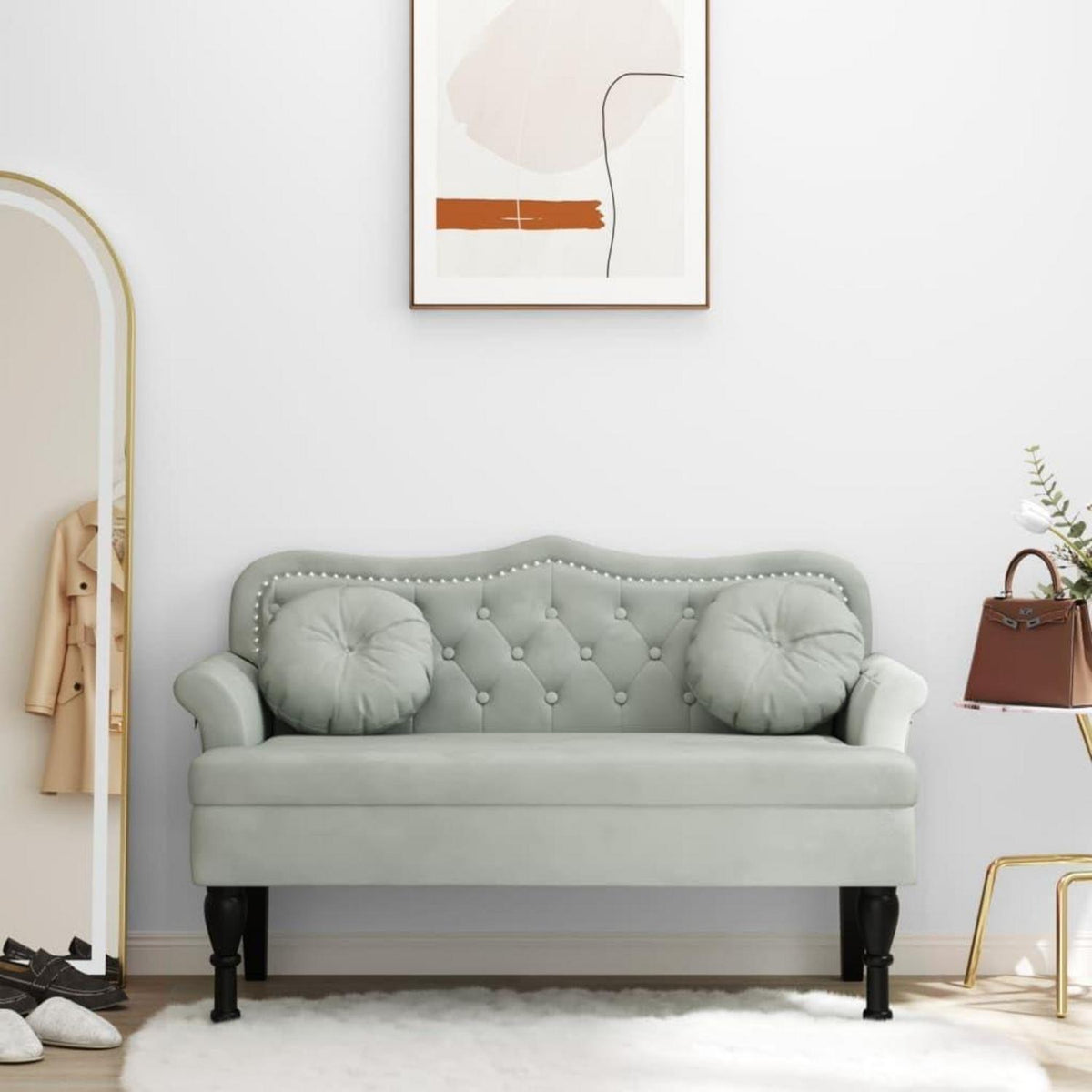 2-Sitzer Samt Sofa mit Kissen – Modernes Polstersofa Hellgrau