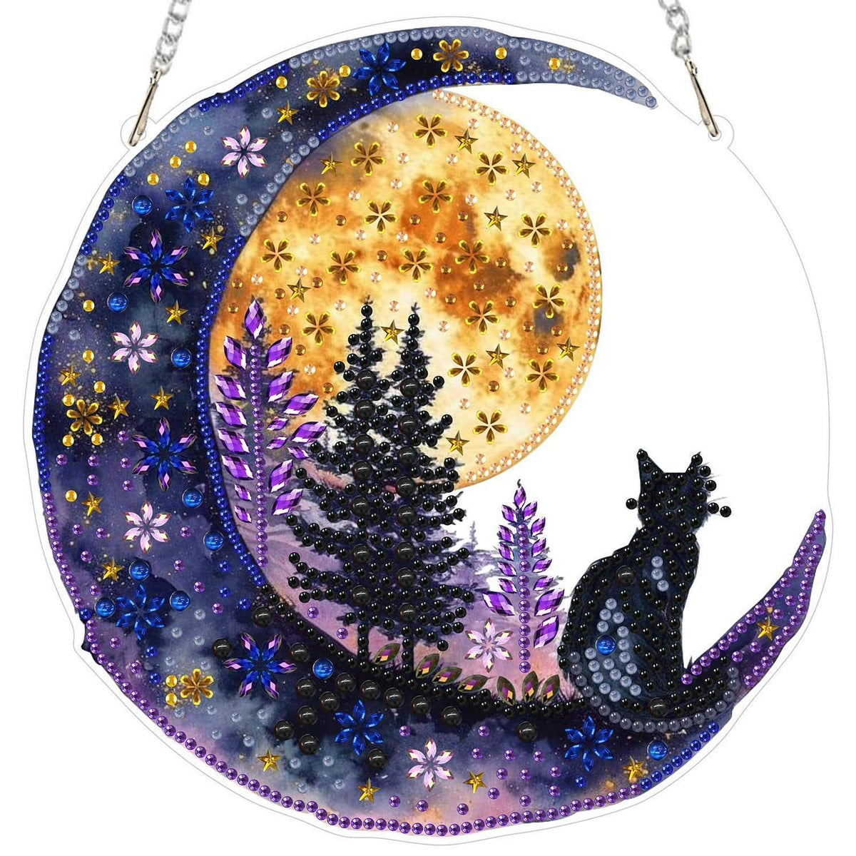 Diamantmalerei Anhänger Katze auf dem Mond – DIY Fensterbild Set