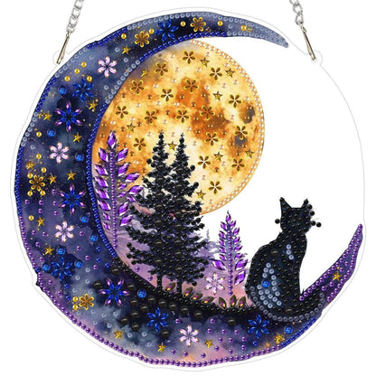 Diamantmalerei Anhänger Katze auf dem Mond – DIY Fensterbild Set