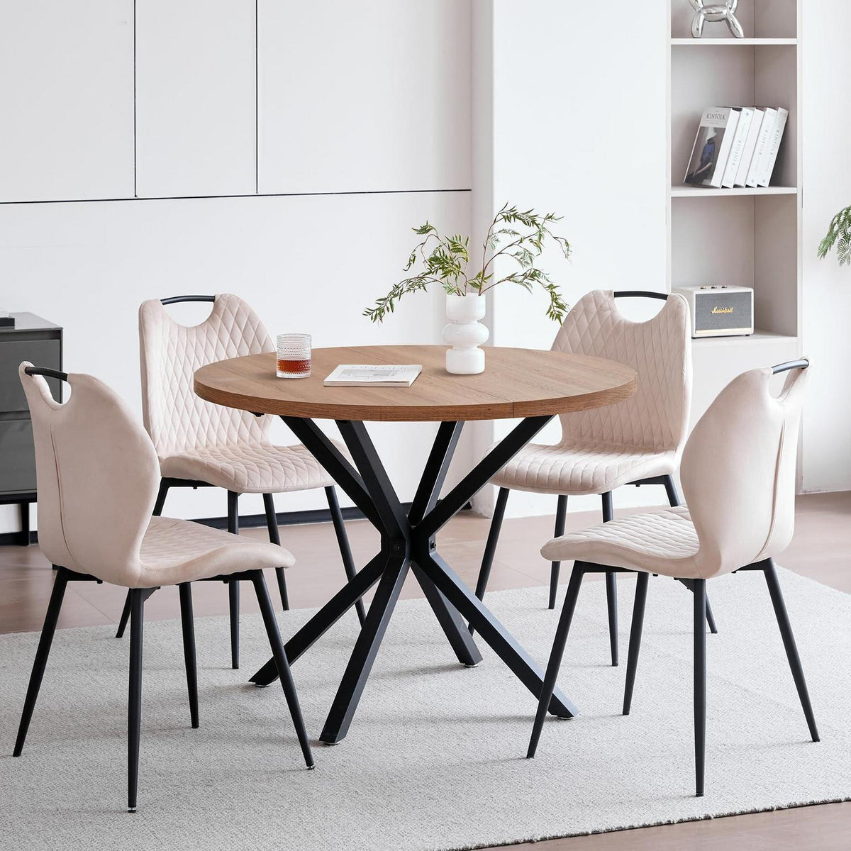 Rundes Esszimmer-Set Dunkelbraun & Beige | Tisch + 4 Stühle