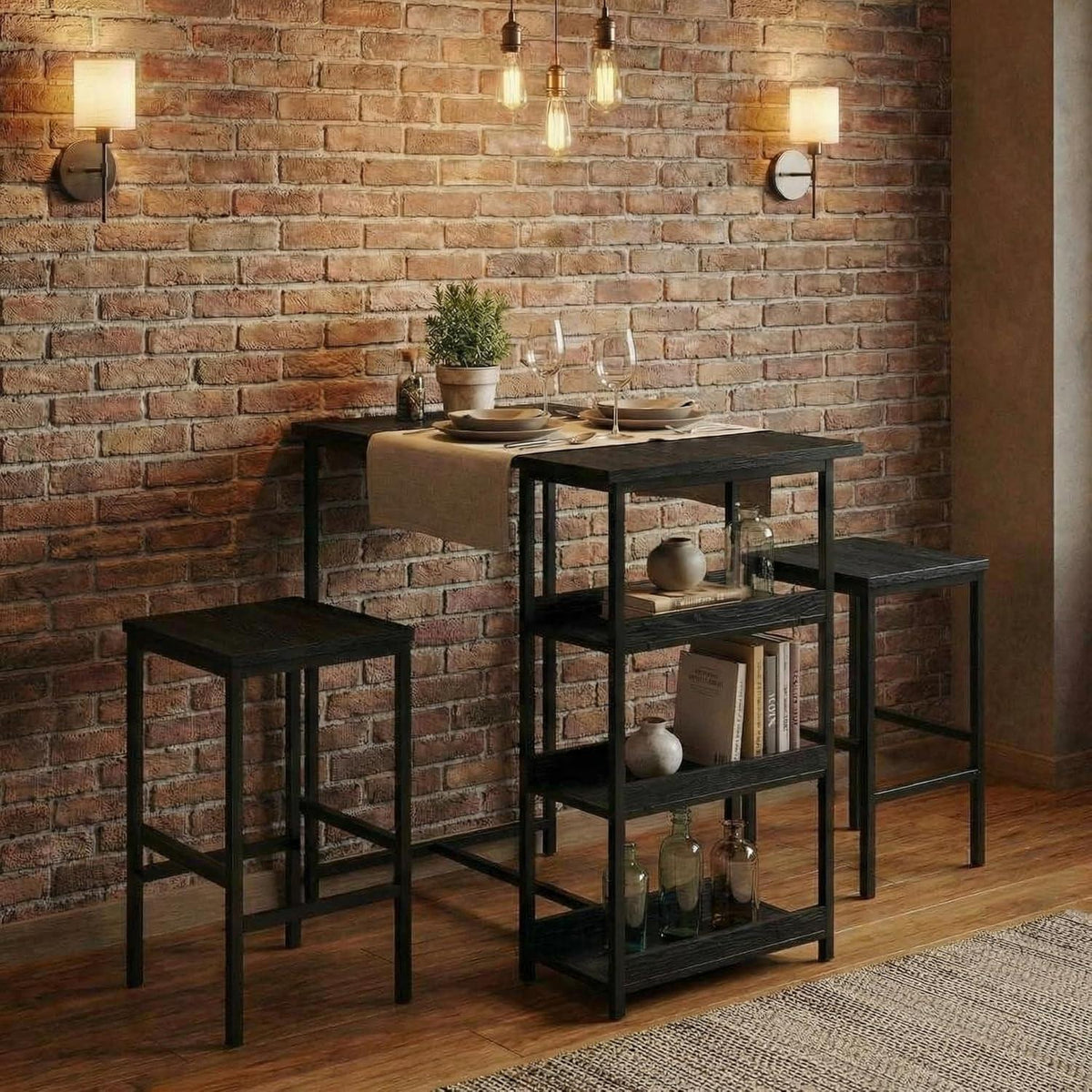 3-teiliges Bar Tisch Set mit Hockern & Regalen – Schwarz