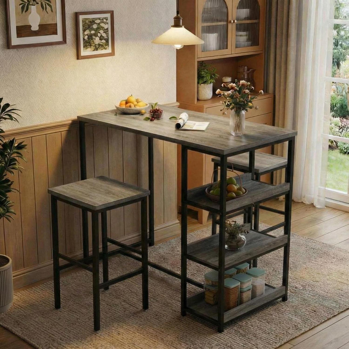 Grauer Bartisch-Set mit Hockern & Stauraum