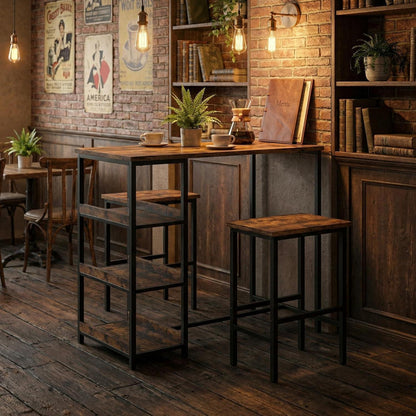 3-teiliges Bar Tisch Set mit Hockern & Regalen – Rustik Braun