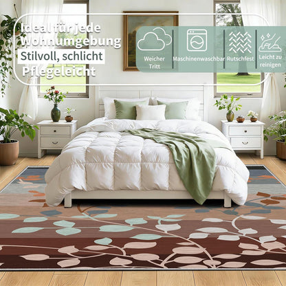 Waschbarer Teppich Braun & Grau – Blätter Muster, 200x300 cm