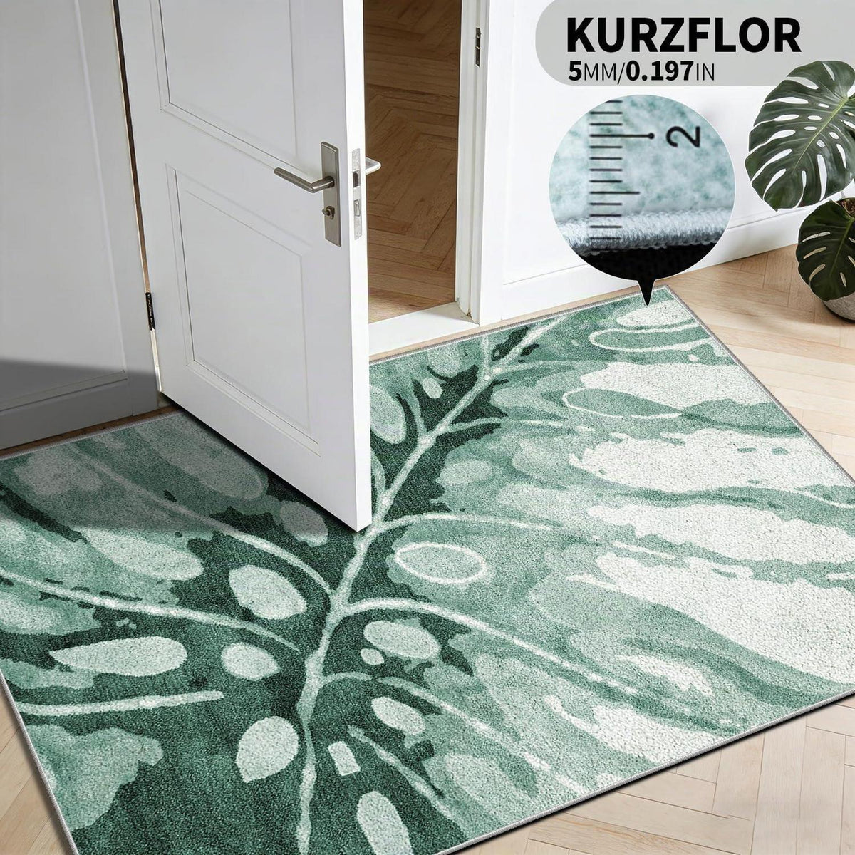 Grüner Kurzflor Teppich 200x300cm – Waschbar & Rutschfest