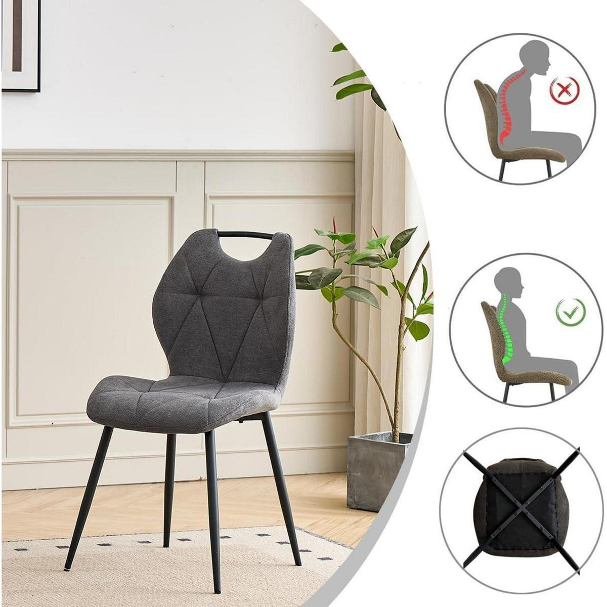 Rundes Esszimmer-Set mit 4 Leinenstühlen (Hellgrau + Grau)