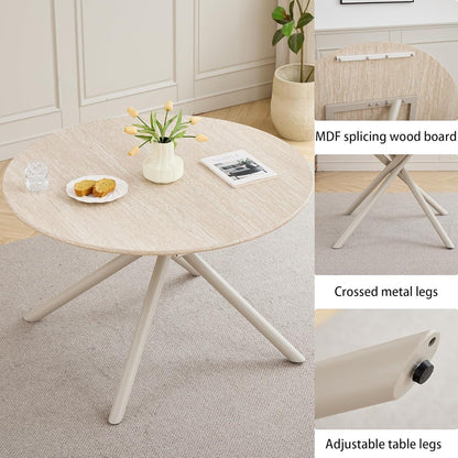 Rundes Esszimmer-Set mit 4 Leinenstühlen – Hellgelb & Grau