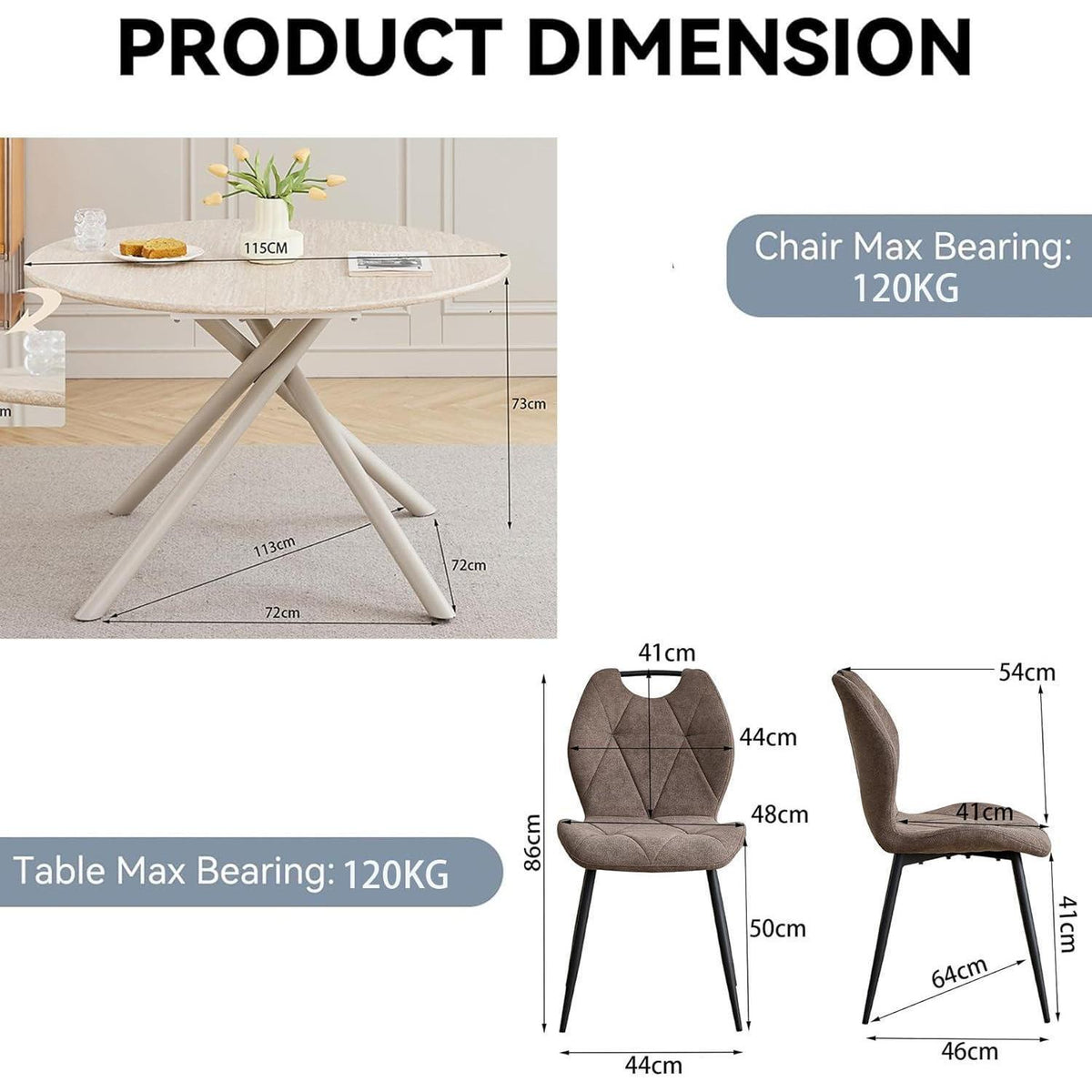 Rundes Esszimmer-Set mit 4 Leinenstühlen – Hellgelb & Braun