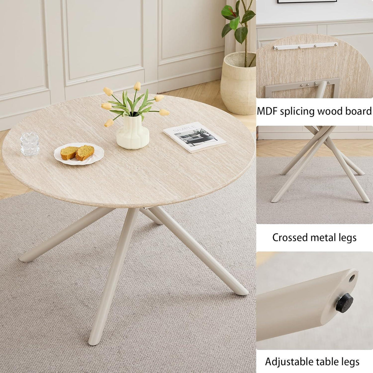 Rundes Esszimmer-Set mit 4 Leinenstühlen – Hellgelb & Braun