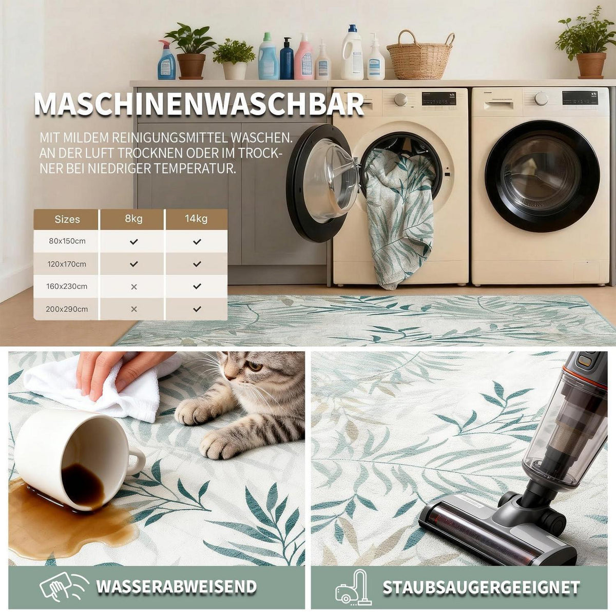 Großer Grün Wohnzimmer Teppich 200x300 cm – Waschbar & Rutschfest