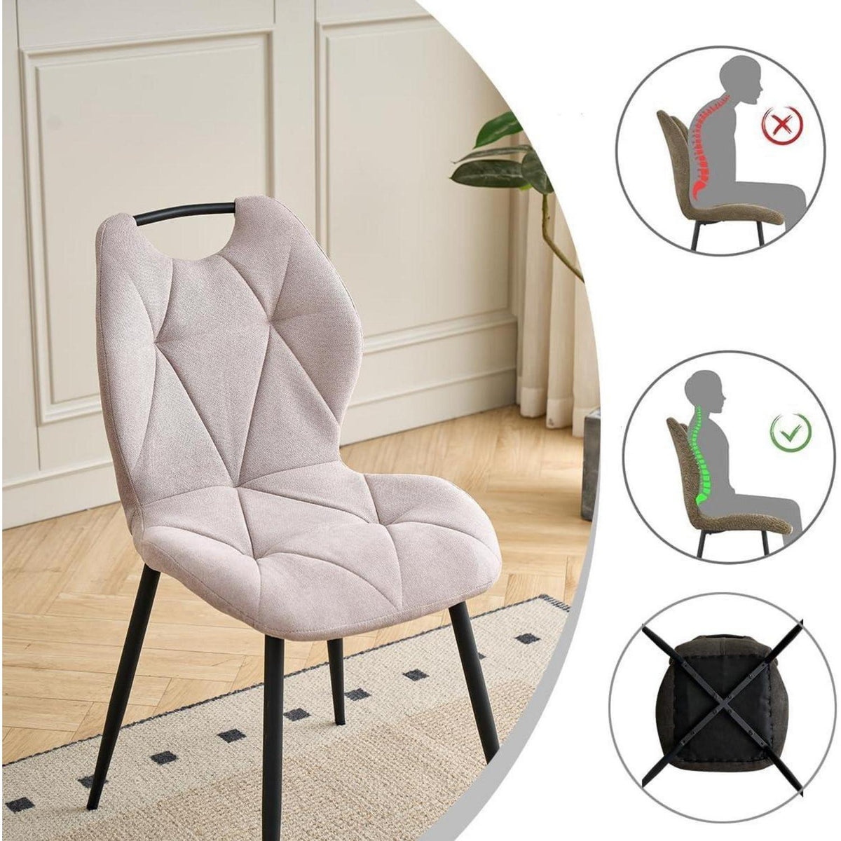 Rundes Esszimmer-Set mit 4 Leinenstühlen (Hellgrau + Beige)