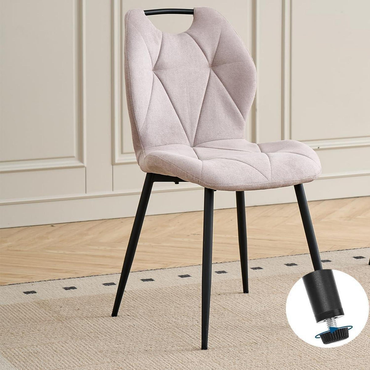 Rundes Esszimmer-Set mit 4 Leinenstühlen (Hellgrau + Beige)