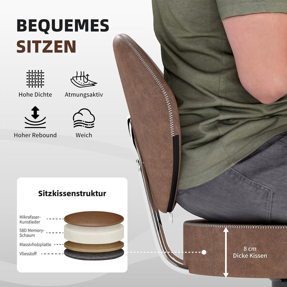 Drehbarer Barhocker mit Rückenlehne, Höhenverstellbar, Braun