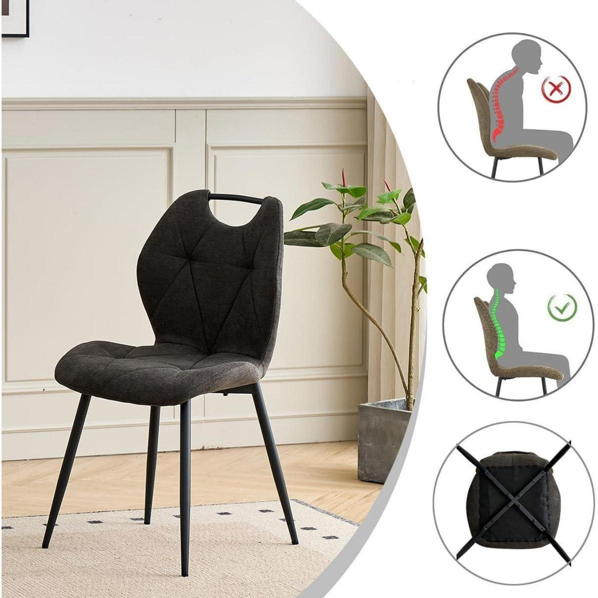 Rundes Esszimmer-Set mit 4 Leinenstühlen (Hellgrau/Schwarz)