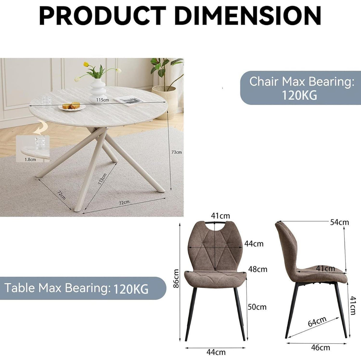 Rundes Esszimmer-Set mit 4 Leinenstühlen (Hellgrau + Braun)