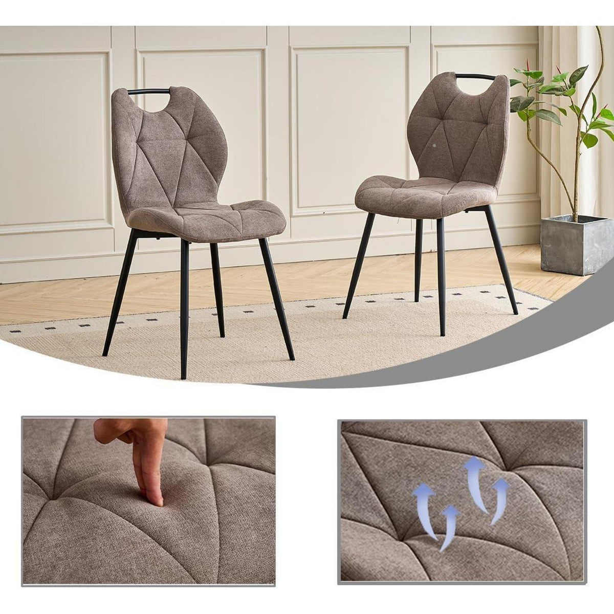 Rundes Esszimmer-Set mit 4 Leinenstühlen (Hellgrau + Braun)
