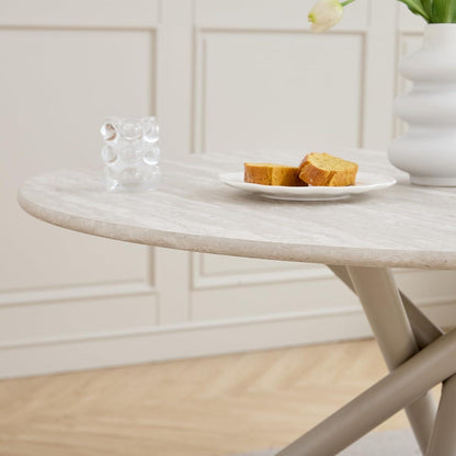 Rundes Esszimmer-Set mit 4 Leinenstühlen (Hellgrau + Braun)