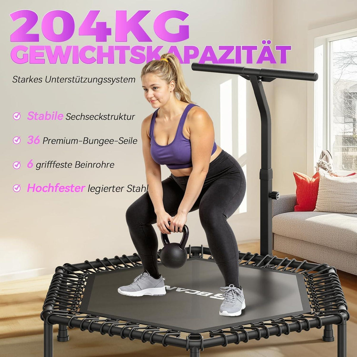 Fitness Trampolin Indoor mit verstellbarem Griff & Gummiseilen