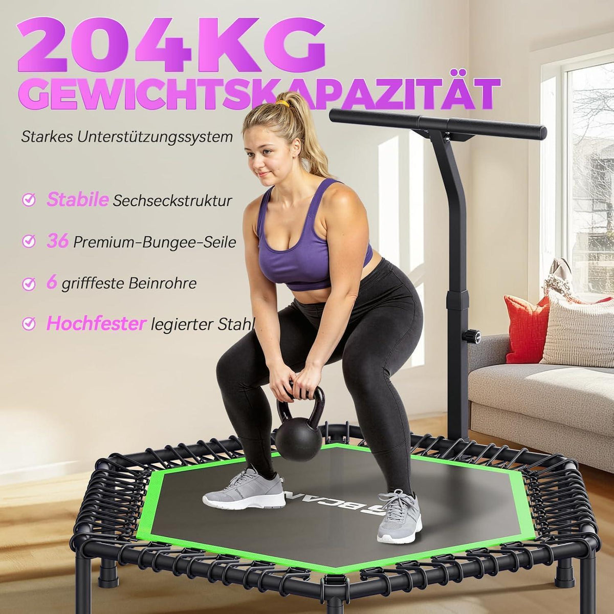 Fitness Trampolin Indoor mit verstellbarem Griff & Gummiseilen