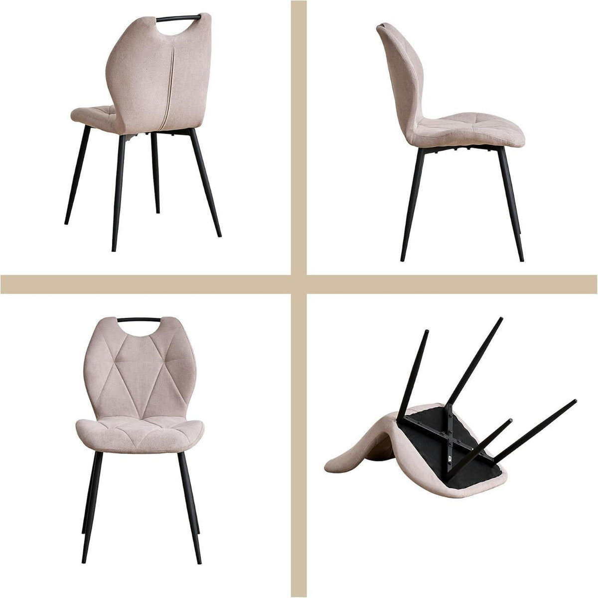 Rundes Esszimmer-Set mit 4 Leinenstühlen – Hellgelb & Beige