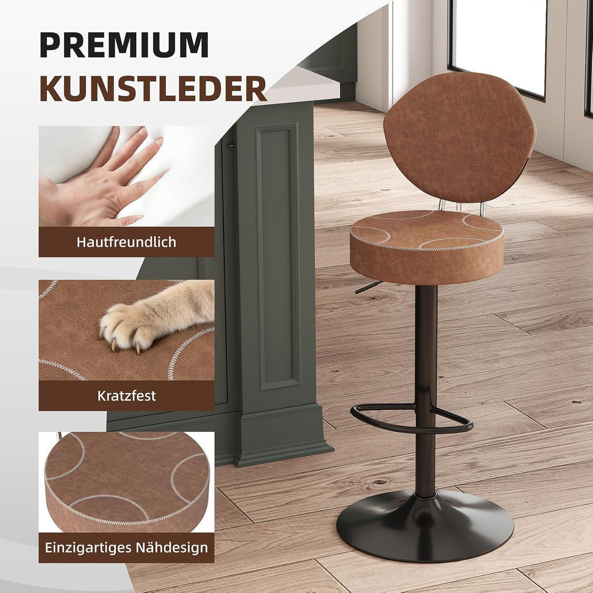 Höhenverstellbarer Barhocker 3er-Set Braun in Lederoptik