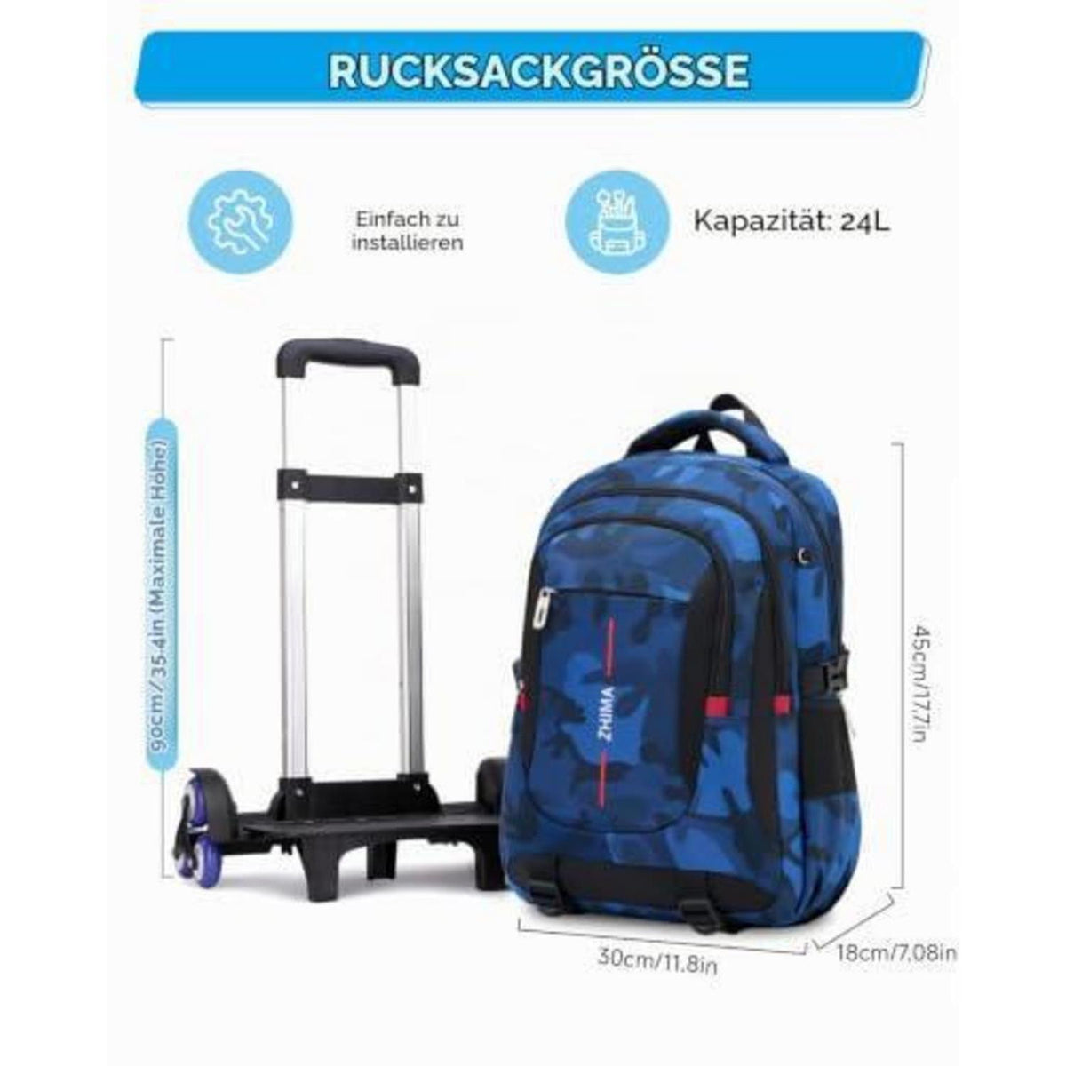 Schultrolley Rucksack Jungen Abnehmbar 6 Räder Tarn Blau 15,6"