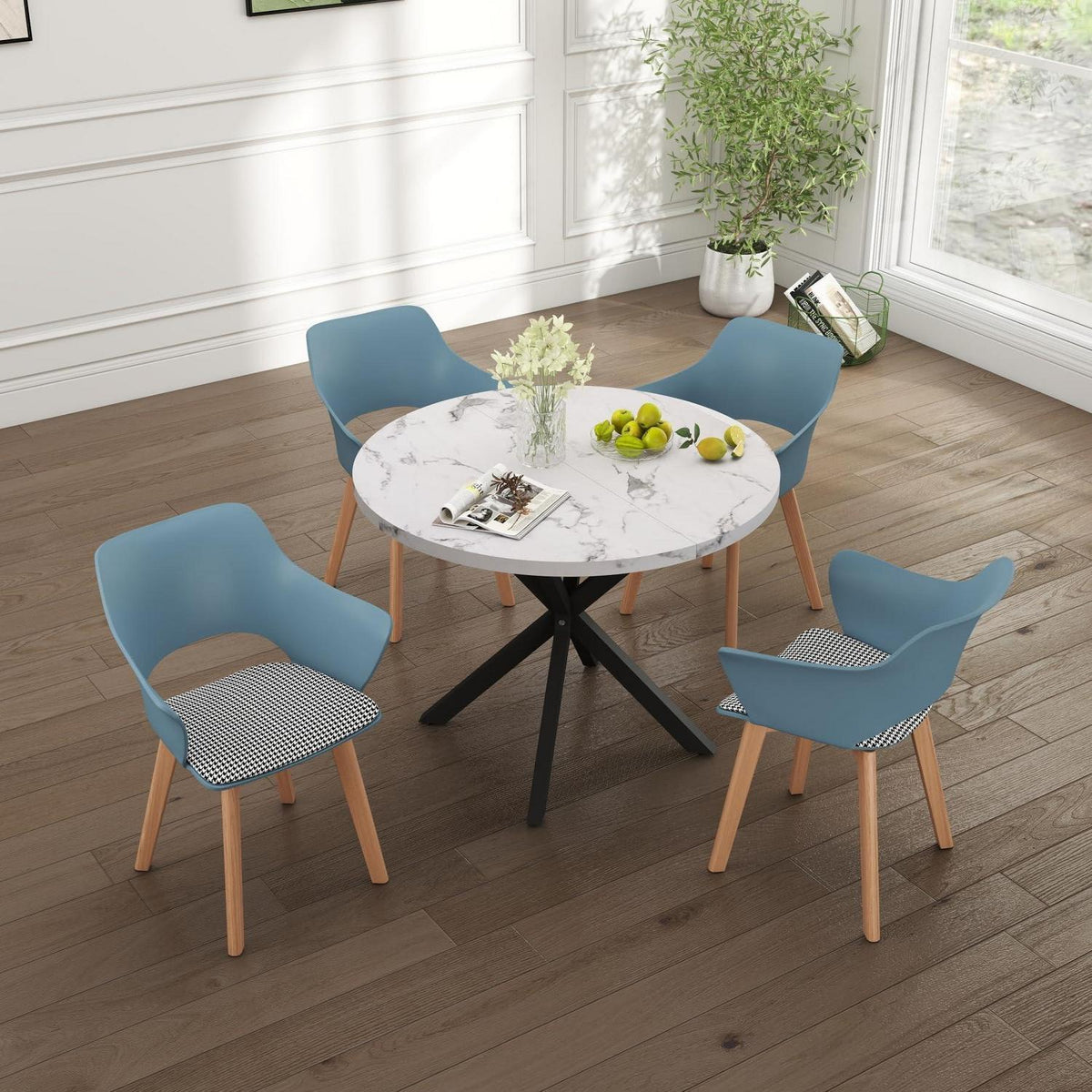 Nordisches Esstisch Set mit 4 gepolsterten Stühlen (Marmor-BK + Hellblau)
