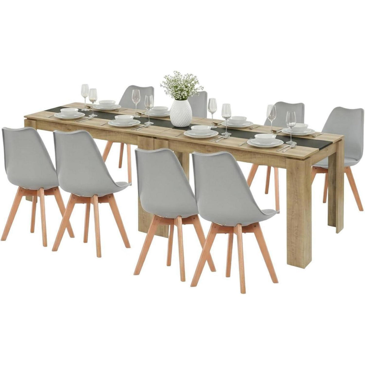 Esszimmergruppe für 8 Personen – Holztisch & Grau Stühle