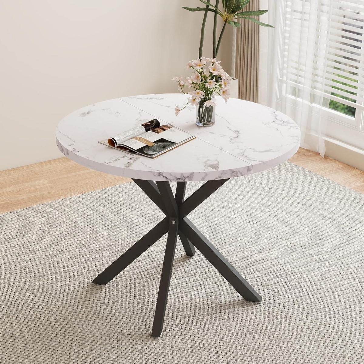 Nordisches Esstisch Set mit 4 gepolsterten Stühlen (Marmor-BK + Rosa)