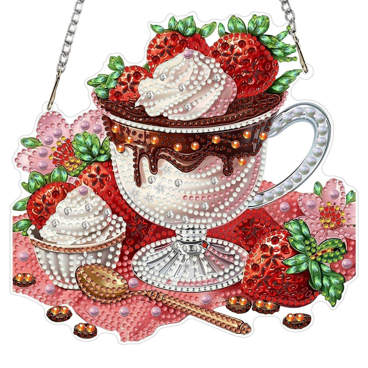 Diamantmalerei Türschild Erdbeer Kaffee Dessert – DIY Fensterbild 20x20cm