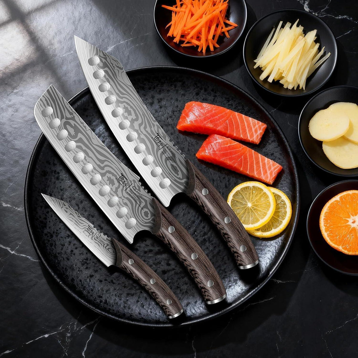 Japanisches Küchenmesser Set | 3-teilig | Damaststahl & Holzgriff