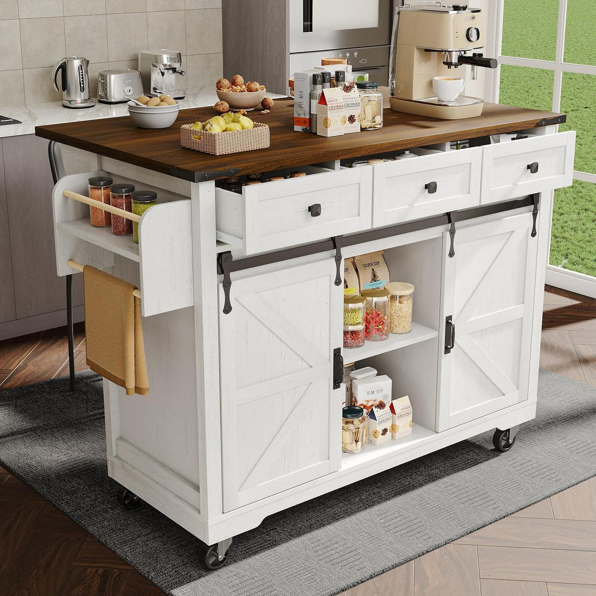 Mobile Kücheninsel mit Klappbarer Arbeitsplatte, Beige
