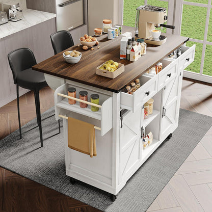Mobile Kücheninsel mit Klappbarer Arbeitsplatte, Beige