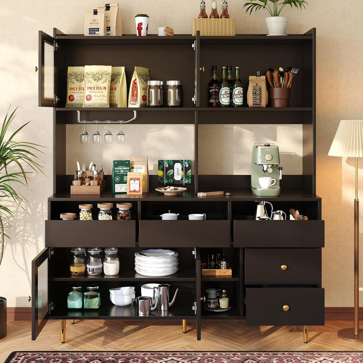 Küchenschrank mit Weinglasregal & Glastür, Schwarz 145x39x171cm