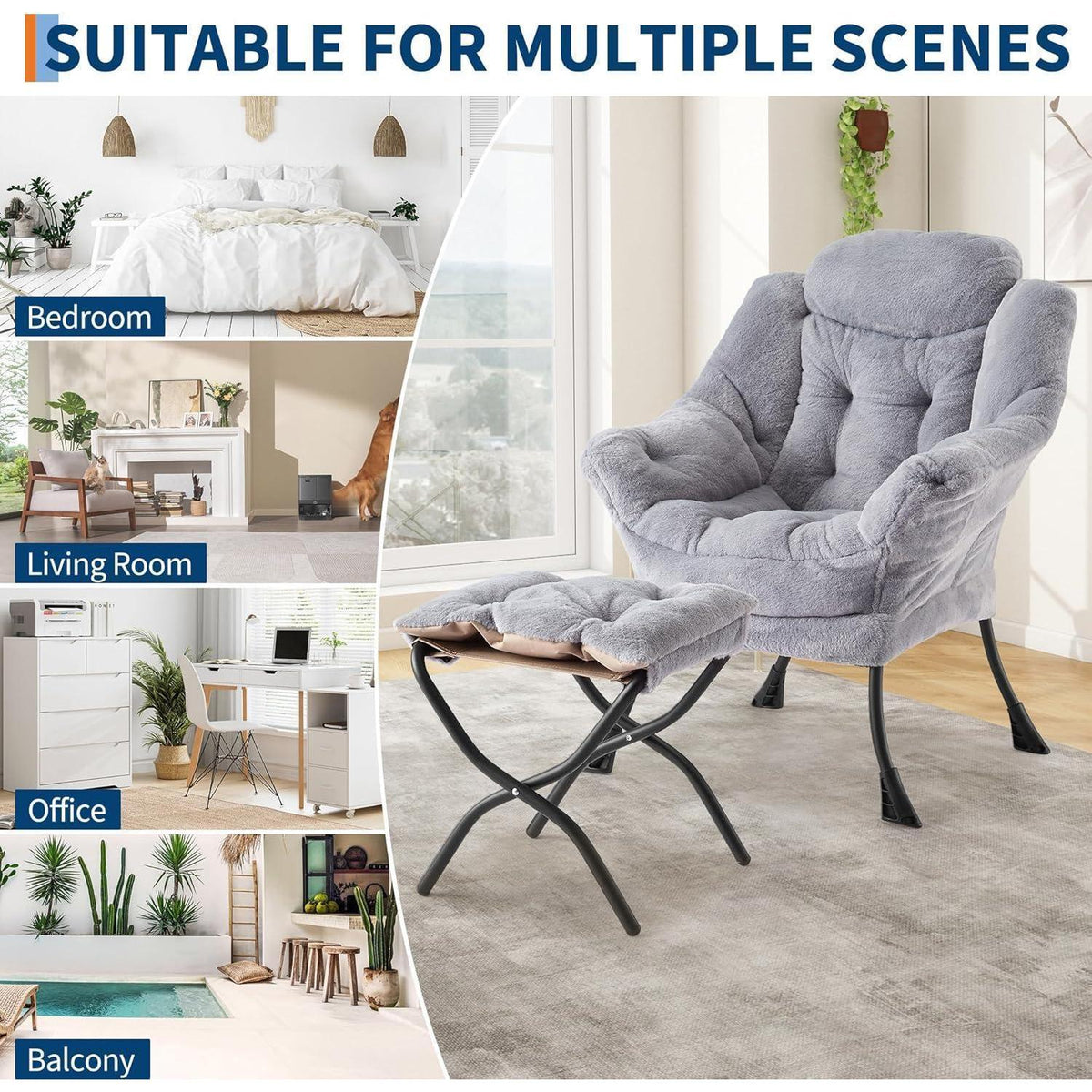 Lazy Chair mit Ottomane – Bequemer Lesesessel Hellgrau
