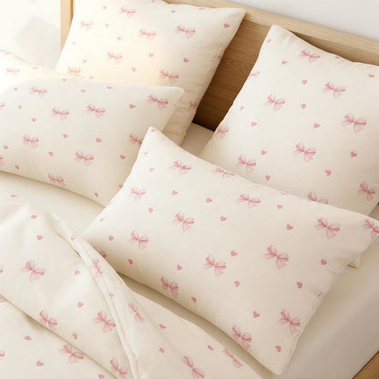Bettwäsche Set Mädchen 135x200 Beige Rosa Schleifen Herzen