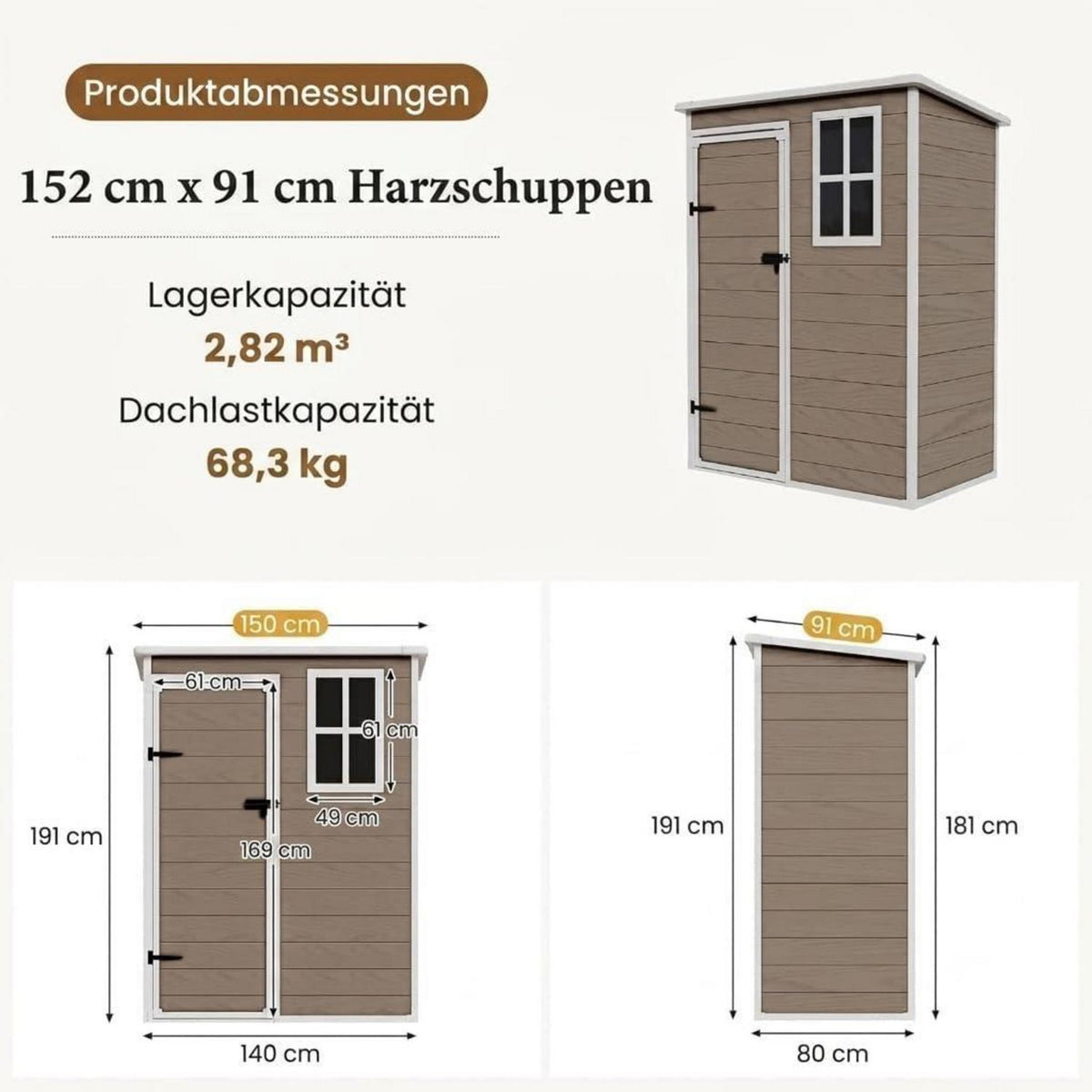 Wetterfestes Gartenhaus 152x92x192 cm – Kunststoff Schuppen