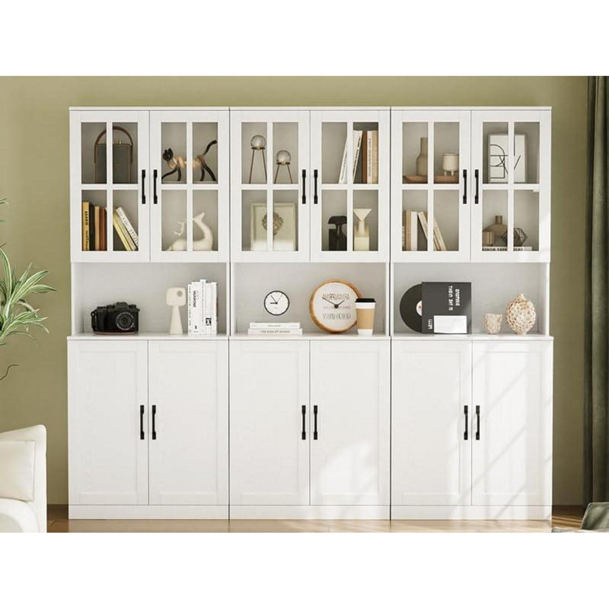 Bücherregal mit Glastüren & Arbeitsplatte | 180cm Hochschrank (3er Set)