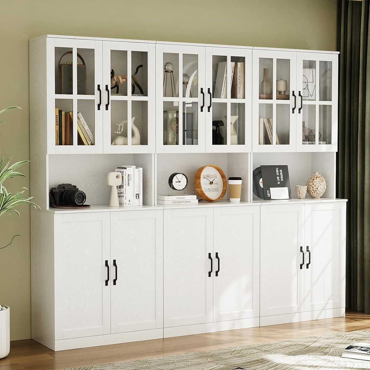 Bücherregal mit Glastüren & Arbeitsplatte | 180cm Hochschrank (3er Set)