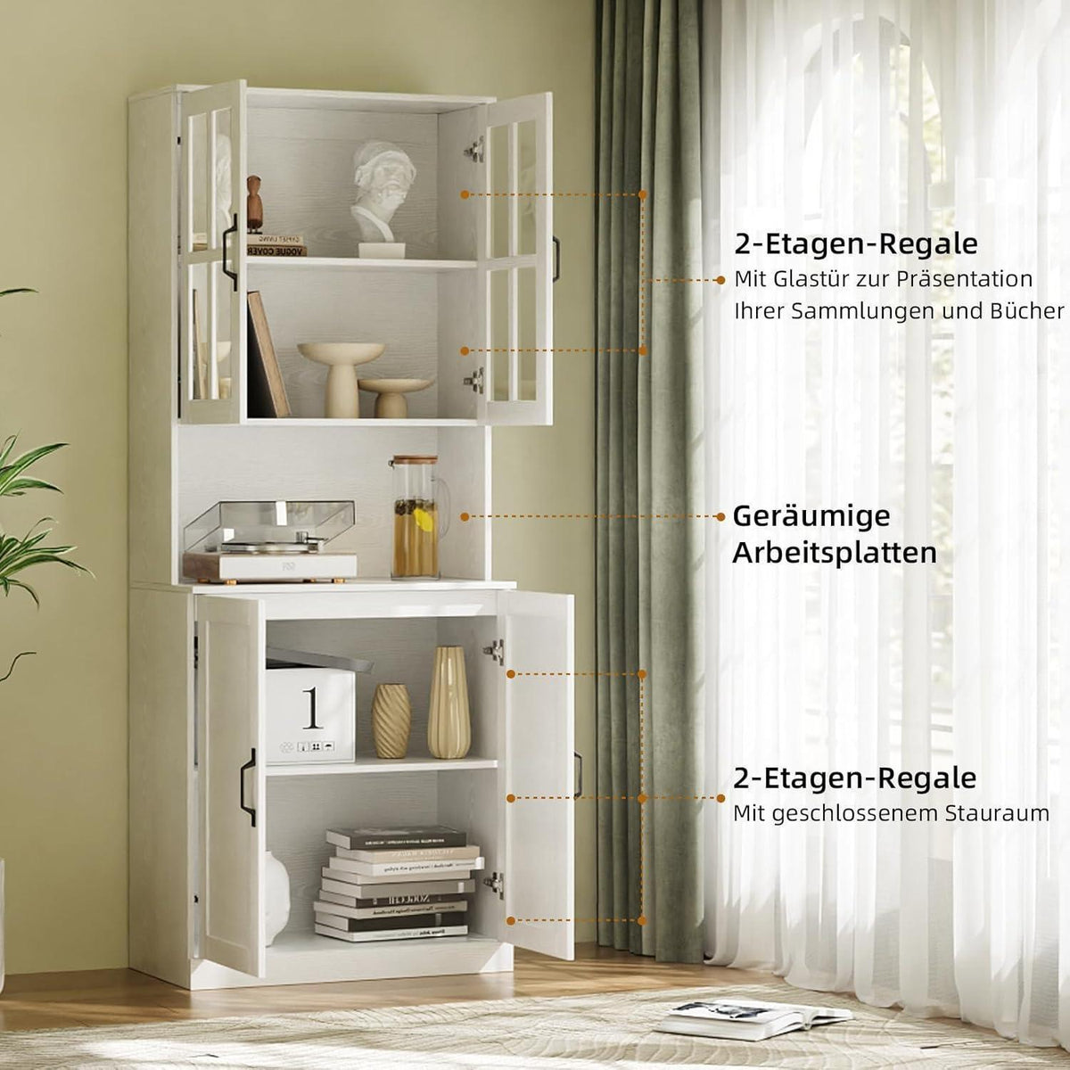Bücherregal mit Glastüren & offener Fach | 180cm Hochschrank (2er Set)