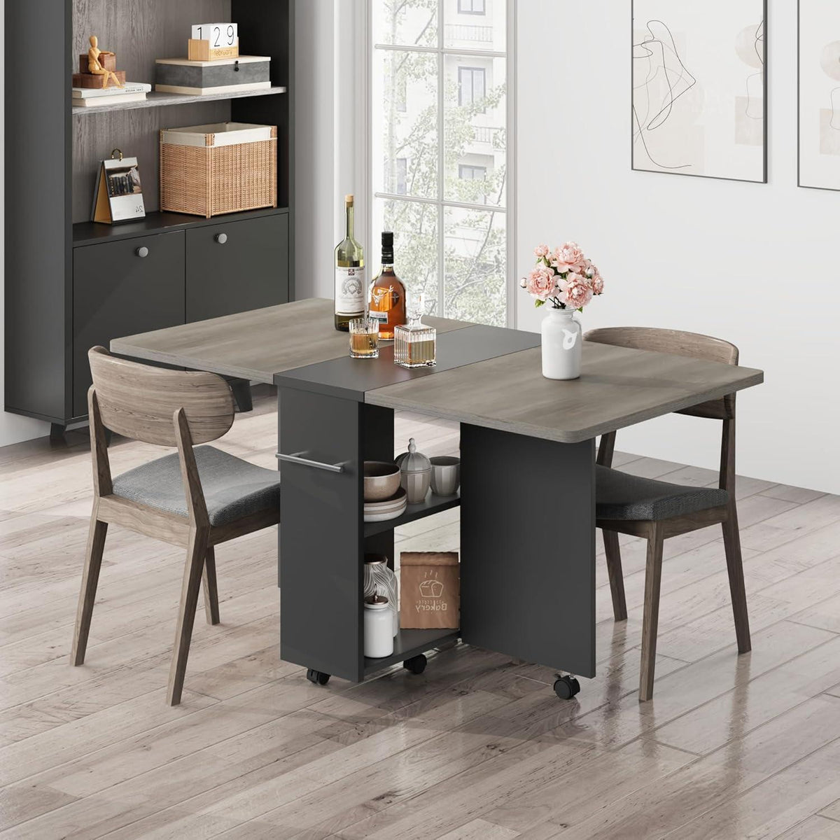 Klappbarer Esstisch mit Rollen & Ablagen – Grau, 120x60x75cm