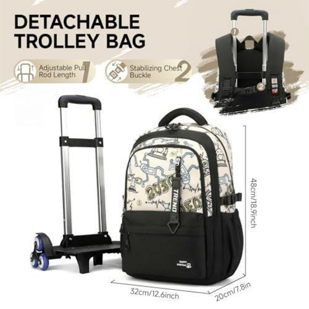 Schulrucksack mit Rollen für Jungen – Höhenverstellbarer Trolley Schwarz