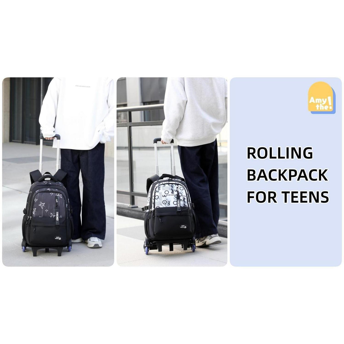 Schulrucksack mit Rollen für Jungen – Höhenverstellbarer Trolley Schwarz