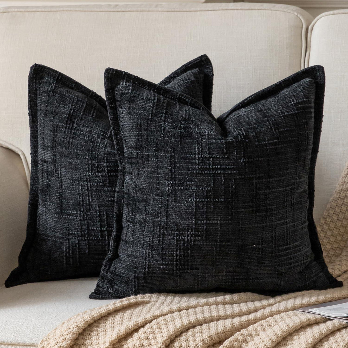 2x Kissenbezug Chenille 45x45 Schwarz – Weicher Samtzauber