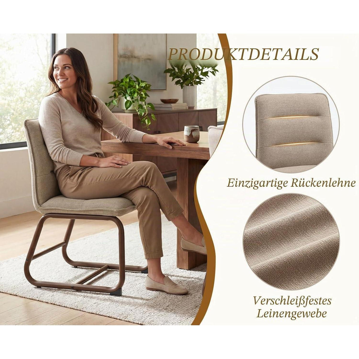 Moderne Esszimmerstühle 2er Set mit Metallgestell & Leinenbezug