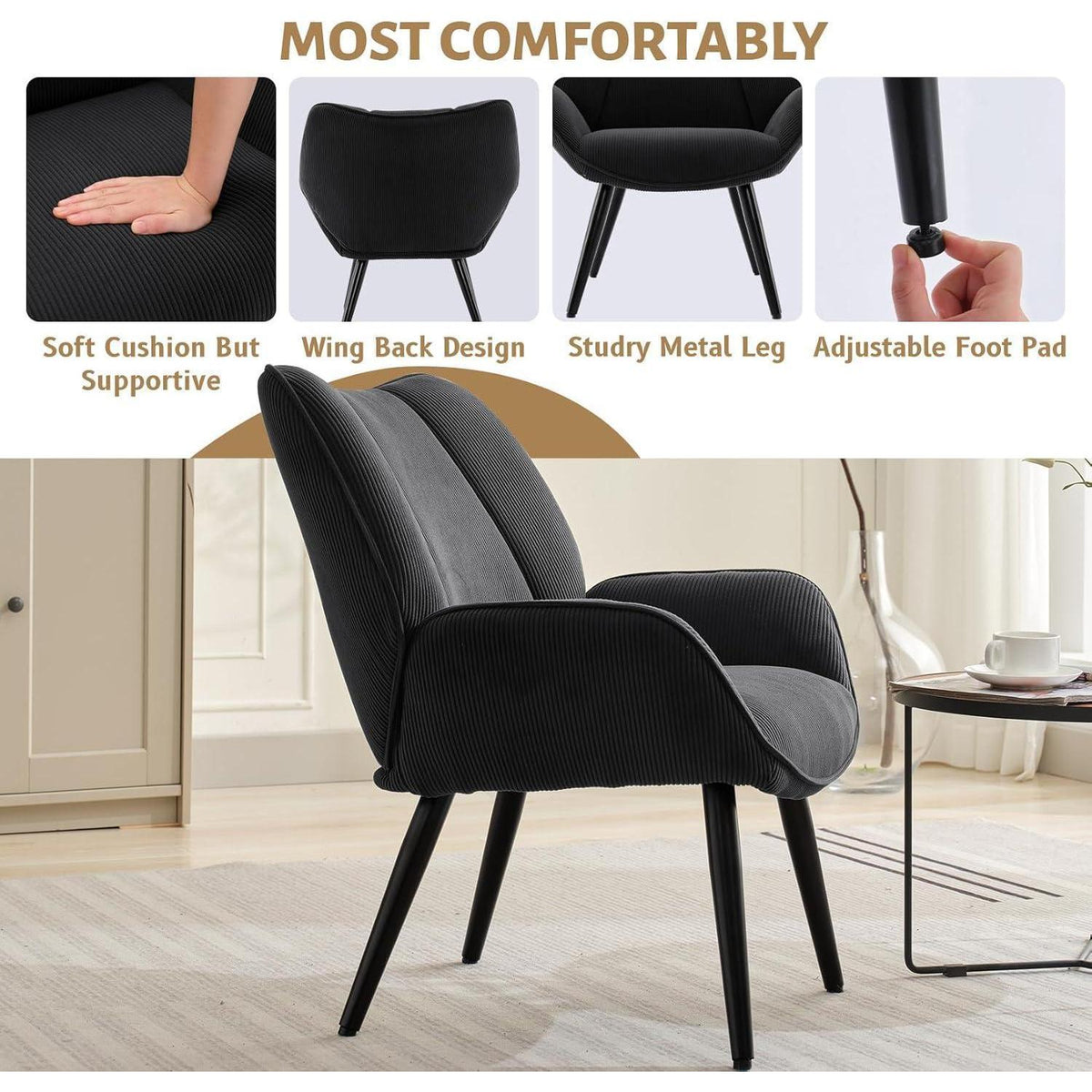 Lounge Sessel Cord Flügellehne Dunkelgrau – Bequemer Relax Sessel