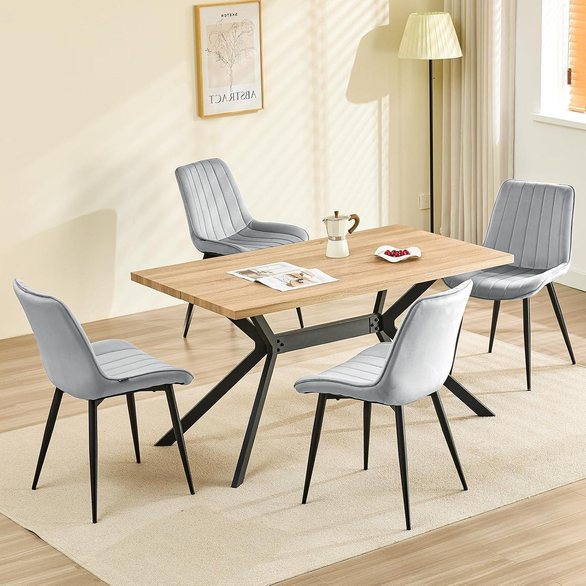Samt Esszimmerstühle Set 4 - Grau & Schwarz Metallbeine